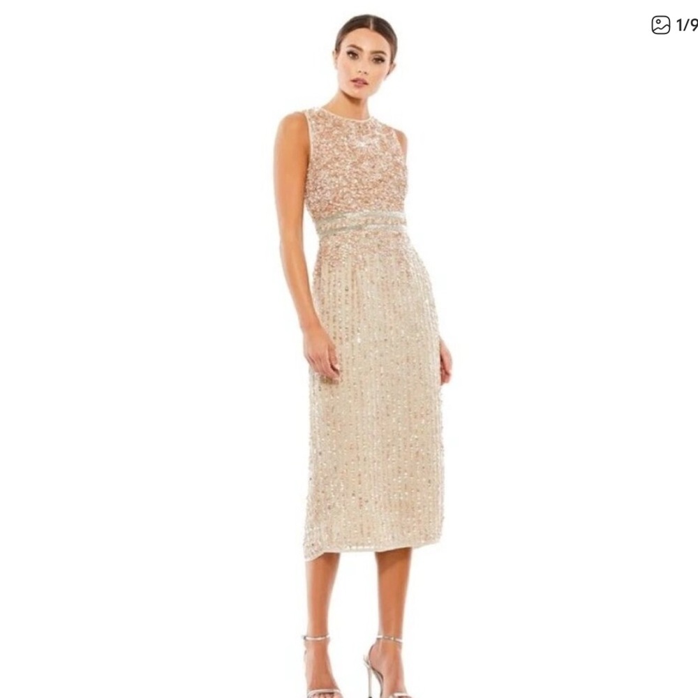 Mac Duggal Gown Sequin Gold Sheath High Neck Nude Sleeveless Dress Size 10
